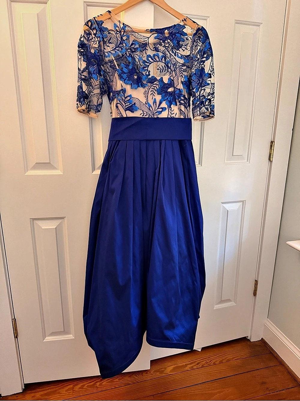 Adrianna Papell Floral Lace High- Low with Sweep Train Ball Gown in Blue Satin
